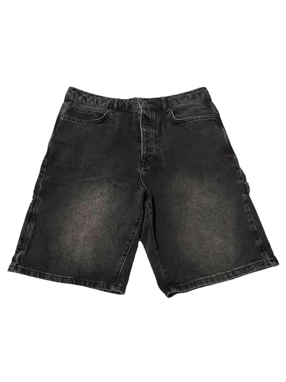 TopMan Washed Black Straight Denim Button Fly Bermuda Carpenter Shorts Sz 32
